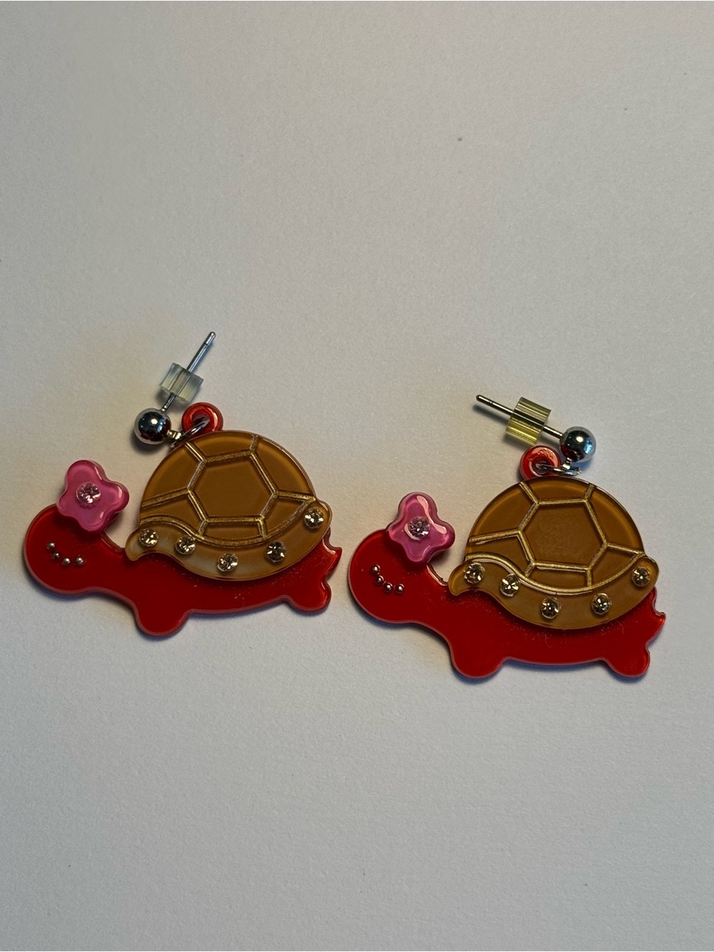 Red Turtle Drop Earrings with Pink Flower Accent